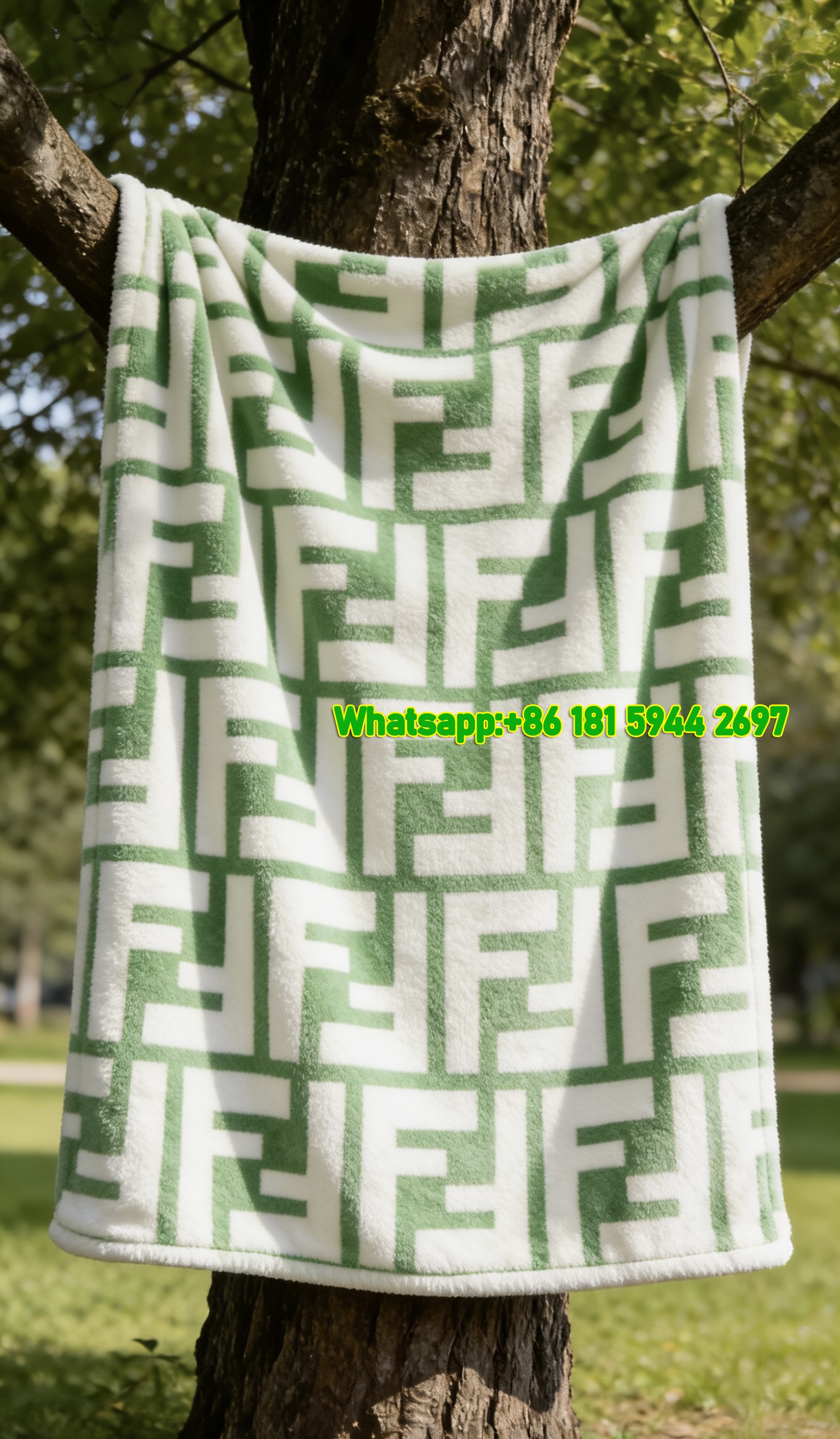 Fendi Lime Green FF Monogram Flannel Sofa Throw Blanket IMG_9456